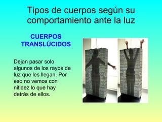 Tipos de cuerpos según su comportamiento ante la luz CUERPOS TRANSLÚCIDOS Dejan pasar solo algunos de los rayos de luz que les llegan. Por eso no vemos con nitidez lo que hay detrás de ellos. 