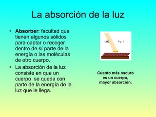 La absorción de la luz Absorber : facultad que tienen algunos sólidos para captar o recoger dentro de sí parte de la energía o las moléculas de otro cuerpo. La absorción de la luz consiste en que un cuerpo  se queda con parte de la energía de la luz que le llega. Cuanto más oscuro es un cuerpo, mayor absorción. 
