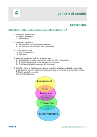 La luz y el sonido
Contenidos
Actividad 1. ¿Qué sabes del movimiento ondulatorio?
Ciencias de la Naturaleza 4 . 9
4
1. Las ondas transportan
A. Materia y energía
B. Sólo energía
2. Las ondas mecánicas ...
A. Necesitan de un medio para trasladarse
B. No necesitan de un medio para trasladarse
3. La luz es una onda
A. Electromagnética.
B. Mecánica
4. Las magnitudes que definen una onda son:
A. Velocidad de la onda, longitud de onda, periodo y frecuencia.
B. Amplitud, longitud de onda, periodo y frecuencia.
C. Amplitud, elongación, periodo y frecuencia.
5. Si te has fijado en las imágenes que se muestran al pulsar amplitud, longitud de
onda, periodo y frecuencia podemos deducir que al aumentar la longitud de onda...
A. Disminuye la frecuencia.
B. Aumenta el periodo.
 