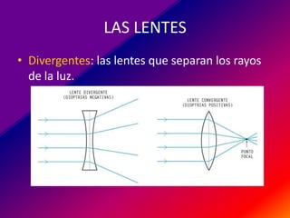 LAS LENTES
• Divergentes: las lentes que separan los rayos
de la luz.

 