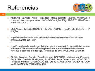Referencias
16
 AGUIAR, Zenaide Neto; RIBEIRO, Maria Celeste Soares. Vigilância e
controle das doenças transmissíveis.3ª edição. Pág. 206-217. São Paulo:
Martinari, 2009.
 DOENÇAS INFECCIOSAS E PARASITÁRIAS – GUIA DE BOLSO – 8ª
edição.
 http://www.minhavida.com.br/saude/temas/leishmaniose.Visualizado
em:17/05/2015 22:16:21
 http://portalsaude.saude.gov.br/index.php/o-ministerio/principal/leia-mais-o-
ministerio/726-secretaria-svs/vigilancia-de-a-a-z/leishmaniose-visceral-
lv/11330-descricao-da-doença. . Visualizado em: 17/05/2015 22:20:44
 SILVA, Wandra Camila Penaforte da; BEZERRA, Juliana da Fonseca;
PAULINO, Danielle Rodrigues; ALMEIDA, Diva Teixeira de; MONTEIRO,
Roxeane Martins; O CUIDADO DE ENFERMAGEM AO PACIENTE COM
LEISHMANIOSE VISCERAL (LV)
 