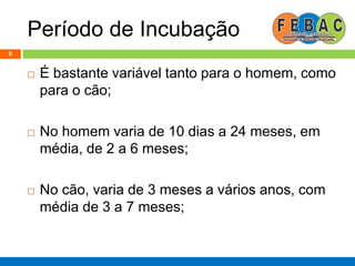 Período de Incubação
8
 É bastante variável tanto para o homem, como
para o cão;
 No homem varia de 10 dias a 24 meses, em
média, de 2 a 6 meses;
 No cão, varia de 3 meses a vários anos, com
média de 3 a 7 meses;
 