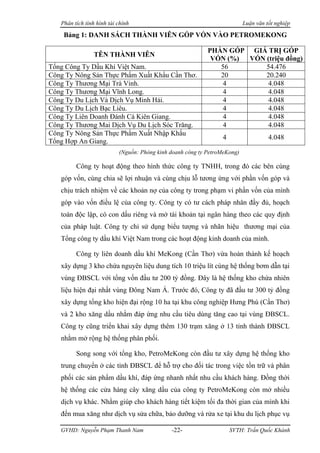 Phân tích tình hình tài chính                                           Luận văn tốt nghiệp

    Bảng 1: DANH SÁCH THÀNH VIÊN GÓP VỐN VÀO PETROMEKONG

                                                            PHẦN GÓP GIÁ TRỊ GÓP
                 TÊN THÀNH VIÊN
                                                             VỐN (%) VỐN (triệu đồng)
Tổng Công Ty Dầu Khí Việt Nam.                                 56        54.476
Công Ty Nông Sản Thực Phẩm Xuất Khẩu Cần Thơ.                  20        20.240
Công Ty Thương Mại Trà Vinh.                                    4         4.048
Công Ty Thương Mại Vĩnh Long.                                   4         4.048
Công Ty Du Lịch Và Dịch Vụ Minh Hải.                            4         4.048
Công Ty Du Lịch Bạc Liêu.                                       4         4.048
Công Ty Liên Doanh Đánh Cá Kiên Giang.                          4         4.048
Công Ty Thương Mai Dịch Vụ Du Lịch Sóc Trăng.                   4         4.048
Công Ty Nông Sản Thực Phẩm Xuất Nhập Khẩu
                                                                 4                   4.048
Tổng Hợp An Giang.
                           (Nguồn: Phòng kinh doanh công ty PetroMeKong)

         Công ty hoạt động theo hình thức công ty TNHH, trong đó các bên cùng
   góp vốn, cùng chia sẽ lợi nhuận và cùng chịu lỗ tương ứng với phần vốn góp và
   chịu trách nhiệm về các khoản nợ của công ty trong phạm vi phần vốn của mình
   góp vào vốn điều lệ của công ty. Công ty có tư cách pháp nhân đầy đủ, hoạch
   toán độc lập, có con dấu riêng và mở tài khoản tại ngân hàng theo các quy định
   của pháp luật. Công ty chỉ sử dụng biểu tượng và nhãn hiệu thương mại của
   Tổng công ty dầu khí Việt Nam trong các hoạt động kinh doanh của mình.

         Công ty liên doanh dầu khí MeKong (Cần Thơ) vừa hoàn thành kế hoạch
   xây dựng 3 kho chứa nguyên liệu dung tích 10 triệu lít cùng hệ thống bơm dẫn tại
   vùng ĐBSCL với tổng vốn đầu tư 200 tỷ đồng. Đây là hệ thống kho chứa nhiên
   liệu hiện đại nhất vùng Đông Nam Á. Trước đó, Công ty đã đầu tư 300 tỷ đồng
   xây dựng tổng kho hiện đại rộng 10 ha tại khu công nghiệp Hưng Phú (Cần Thơ)
   và 2 kho xăng dầu nhằm đáp ứng nhu cầu tiêu dùng tăng cao tại vùng ĐBSCL.
   Công ty cũng triển khai xây dựng thêm 130 trạm xăng ở 13 tỉnh thành ĐBSCL
   nhằm mở rộng hệ thống phân phối.

         Song song với tổng kho, PetroMeKong còn đầu tư xây dựng hệ thống kho
   trung chuyển ở các tỉnh ĐBSCL để hỗ trợ cho đối tác trong việc tồn trữ và phân
   phối các sản phẩm dầu khí, đáp ứng nhanh nhất nhu cầu khách hàng. Đồng thời
   hệ thống các cửa hàng cây xăng dầu của công ty PetroMeKong còn mở nhiều
   dịch vụ khác. Nhằm giúp cho khách hàng tiết kiệm tối đa thời gian của mình khi
   đến mua xăng như dịch vụ sửa chữa, bảo dưỡng và rửa xe tại khu du lịch phục vụ

   GVHD: Nguyễn Phạm Thanh Nam                -22-                   SVTH: Trần Quốc Khánh
 