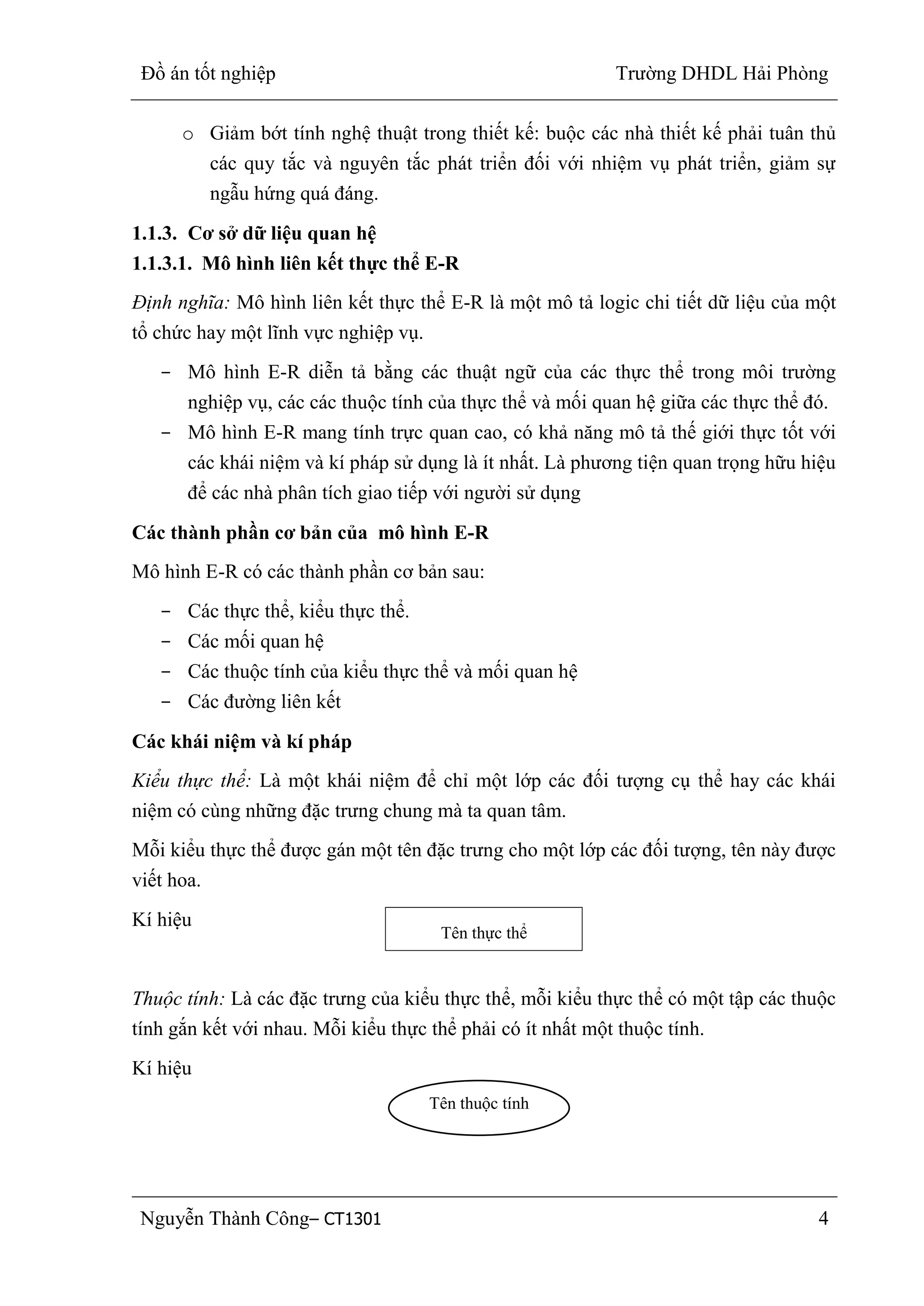 Đồ án tốt nghiệp Trường DHDL Hải Phòng
Nguyễn Thành Công– CT1301 4
o Giảm bớt tính nghệ thuật trong thiết kế: buộc các nhà thiết kế phải tuân thủ
các quy tắc và nguyên tắc phát triển đối với nhiệm vụ phát triển, giảm sự
ngẫu hứng quá đáng.
1.1.3. Cơ sở dữ liệu quan hệ
1.1.3.1. Mô hình liên kết thực thể E-R
Định nghĩa: Mô hình liên kết thực thể E-R là một mô tả logic chi tiết dữ liệu của một
tổ chức hay một lĩnh vực nghiệp vụ.
- Mô hình E-R diễn tả bằng các thuật ngữ của các thực thể trong môi trường
nghiệp vụ, các các thuộc tính của thực thể và mối quan hệ giữa các thực thể đó.
- Mô hình E-R mang tính trực quan cao, có khả năng mô tả thế giới thực tốt với
các khái niệm và kí pháp sử dụng là ít nhất. Là phương tiện quan trọng hữu hiệu
để các nhà phân tích giao tiếp với người sử dụng
Các thành phần cơ bản của mô hình E-R
Mô hình E-R có các thành phần cơ bản sau:
- Các thực thể, kiểu thực thể.
- Các mối quan hệ
- Các thuộc tính của kiểu thực thể và mối quan hệ
- Các đường liên kết
Các khái niệm và kí pháp
Kiểu thực thể: Là một khái niệm để chỉ một lớp các đối tượng cụ thể hay các khái
niệm có cùng những đặc trưng chung mà ta quan tâm.
Mỗi kiểu thực thể được gán một tên đặc trưng cho một lớp các đối tượng, tên này được
viết hoa.
Kí hiệu
Thuộc tính: Là các đặc trưng của kiểu thực thể, mỗi kiểu thực thể có một tập các thuộc
tính gắn kết với nhau. Mỗi kiểu thực thể phải có ít nhất một thuộc tính.
Kí hiệu
Tên thực thể
Tên thuộc tính
 