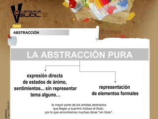 ABSTRACCIÓN
expresión directa
de estados de ánimo,
sentimientos... sin representar
tema alguno…
LA ABSTRACCIÓN PURA
representación
de elementos formales
la mayor parte de los artistas abstractos
que llegan a suprimir incluso el título,
por lo que encontramos muchas obras "sin título".
 
