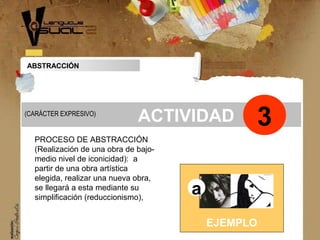 ABSTRACCIÓN
Concepto
ACTIVIDAD 3(CARÁCTER EXPRESIVO)
PROCESO DE ABSTRACCIÓN
(Realización de una obra de bajo-
medio nivel ...