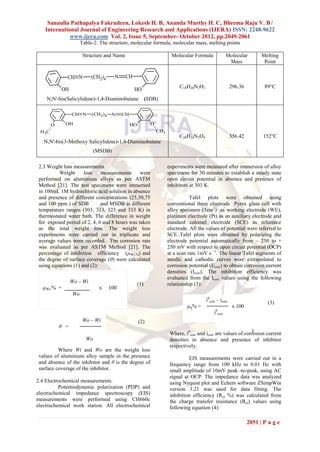 Sanaulla Pathapalya Fakrudeen, Lokesh H. B, Ananda Murthy H. C, Bheema Raju V. B /
   International Journal of Engineering Research and Applications (IJERA) ISSN: 2248-9622
             www.ijera.com Vol. 2, Issue 5, September- October 2012, pp.2049-2061
                       Table-2. The structure, molecular formula, molecular mass, melting points

                        Structure and Name                               Molecular Formula             Molecular         Melting
                                                                                                        Mass              Point

              CH N          (CH2)4     N     CH
                                                                            C18H20N2O2                    296.36          89°C
           OH                                     HO
    N,N'-bis(Salicylidene)-1,4-Diaminobutane               (SDB)

                 CH N       (CH2)4    N    CH

       O     OH                                 HO           O
 H3C                                                             CH3
                                                                            C20H24N2O4                    356.42         152°C
   N,N'-bis(3-Methoxy Salicylidene)-1,4-Diaminobutane
                              (MSDB)

 2.3 Weight loss measurements                                          experiments were measured after immersion of alloy
          Weight      loss    measurements      were                   specimens for 30 minutes to establish a steady state
 performed on aluminium alloys as per ASTM                             open circuit potential in absence and presence of
 Method [21]. The test specimens were immersed                         inhibitors at 303 K.
 in 100mL 1M hydrochloric acid solution in absence
 and presence of different concentrations (25,50,75                               Tafel plots were obtained using
 and 100 ppm ) of SDB         and MSDB at different                    conventional three electrode Pyrex glass cell with
 temperature ranges (303, 313, 323 and 333 K) in                       alloy specimen (1cm2) as working electrode (WE),
 thermostated water bath. The difference in weight                     platinum electrode (Pt) as an auxiliary electrode and
 for exposed period of 2, 4, 6 and 8 hours was taken                   standard calomel electrode (SCE) as reference
 as the total weight loss. The weight loss                             electrode. All the values of potential were referred to
 experiments were carried out in triplicate and                        SCE..Tafel plots were obtained by polarizing the
 average values were recorded. The corrosion rate                      electrode potential automatically from – 250 to +
 was evaluated as per ASTM Method [21]. The                            250 mV with respect to open circuit potential (OCP)
 percentage of inhibition efficiency (µWL%) and                        at a scan rate 1mV s –1. The linear Tafel segments of
 the degree of surface coverage (θ) were calculated                    anodic and cathodic curves were extrapolated to
 using equations (1) and (2):                                          corrosion potential (Ecorr) to obtain corrosion current
                                                                       densities (Icorr). The inhibition efficiency was
                                                                       evaluated from the Icorr values using the following
                 Wo – Wi                             (1)               relationship (3):
  µWL% =                       x     100
                  Wo
                                                                                         i0corr – icorr                    (3)
                                                                                µp% =                      x 100
                                                                                              i0corr
                        Wo – Wi                      (2)
           θ =
                                                                                                                 1
                                                                        Where, i0corr and icorr are values of corrosion current
                         Wo                                             densities in absence and presence of inhibitor
                                                                        respectively.
          Where Wi and Wo are the weight loss
 values of aluminium alloy sample in the presence                                EIS measurements were carried out in a
 and absence of the inhibitor and θ is the degree of                    frequency range from 100 kHz to 0.01 Hz with
 surface coverage of the inhibitor.                                     small amplitude of 10mV peak -to-peak, using AC
                                                                        signal at OCP. The impedance data was analyzed
2.4 Electrochemical measurements.                                       using Nyquist plot and Echem software ZSimpWin
          Potentiodynamic polarization (PDP) and                        version 3.21 was used for data fitting. The
electrochemical impedance spectroscopy (EIS)                            inhibition efficiency (Rct %) was calculated from
measurements were performed using CH660c                                the charge transfer resistance (Rct) values using
electrochemical work station. All electrochemical                       following equation (4):

                                                                                                                   2051 | P a g e
 