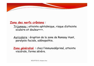 Zona des nerfs crâniens :
Trijumeau : atteinte ophtalmique, risque d’atteinte
oculaire et douleur+++.
Auriculaire : éruption de la zone de Ramsay Hunt,
paralysie faciale, adénopathie.
Zona généralisé : chez l’immunodéprimé, atteinte
viscérale, forme sévère.
MOUFFOK N, herpes virus
 