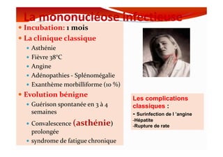 La mononucléose infectieuse
Incubation: 1 mois
La clinique classique
Asthénie
Fièvre 38°C
Angine
Adénopathies - SplénomégalieAdénopathies - Splénomégalie
Exanthème morbilliforme (10 %)
Evolution bénigne
Guérison spontanée en 3 à 4
semaines
Convalescence (asthénie)
prolongée
syndrome de fatigue chronique
Les complications
classiques :
- Surinfection de l ’angine
-Hépatite
-Rupture de rate
 