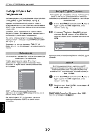 30
ОРГАНЫ УПРАВЛЕНИЯ И ФУНКЦИИ
Русский
Выбор входа и AV-
соединения
Рекомендации по подсоединению оборудования
к гнездам на задней панели см. на стр. 8.
Передача сигнала большинства устройств записи на
носитель и декодеров осуществляется с помощью кабеля
SCART, чтобы телевизор мог переключаться на требуемое
гнездо входа.
Кроме того, можно воспользоваться кнопкой выбора
внешнего источника o: нажимайте ее, пока не появится
изображение с подключенного оборудования.
Эта кнопка используется для просмотра оборудования,
подсоединенного с помощью гнезда COMPONENT VIDEO
INPUT (EXT3).
Индикация S на дисплее, например o2S (EXT 2S),
обозначает, что в качестве входного сигнала используется
S-Video.
Воспользуйтесь окном выбора входа, если телевизор не
переключается автоматически.
В любое время нажмите кнопку o на пульте
дистанционного управления или телевизоре, чтобы
отобразить на экране список всех входов и внешнего
оборудования.
HDMI™ отображает на экране оборудование,
подключенное ко входам HDMI на задней панели или на
боковой стенке телевизора.
При выборе пункта “ПК” отображается компьютер,
подключенный к входу RGB/PC на задней панели
телевизора.
Используется для выбора типа сигнала, поступающего в
гнездо SCART 2 (EXT 2) на задней панели телевизора.
Сведения о подключенном оборудовании см. в инструкциях
производителей.
a В меню НАСТРОЙКА нажимайте кнопку b, пока не
будет выделен пункт AV-соединение, затем
нажмите кнопку Q.
b С помощью b выберите Вход EXT2, затем с
помощью C или c выберите AV или S-VIDEO в
качестве сигнала входа, требующегося для гнезда
EXT2.
При отсутствии цвета видеоизображения выберите другое
значение.
Для прослушивания звука с подключенного ПК
подсоедините аудиокабель к разъему на задней панели
телевизора (как показано в разделе “Подключение
компьютера”), а затем выполните настройку параметра
Звук PC/HDMI1.
a В меню НАСТРОЙКА нажимайте кнопку b, пока не
будет выделен пункт AV-соединение, затем
нажмите кнопку Q.
b Выделите пункт Звук PC/HDMI1, затем нажмите C
или c, чтобы выбрать PC.
ПРИМЕЧАНИЕ. При выборе ПК параметр Звук HDMI1
переключается в режим Цифровой.
Выбор входа
Выбор ВХОДНОГО сигнала
Звук ПК
00RU04Control.fm Page 30 Thursday, August 13, 2009 5:01 PM
 