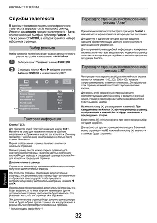 32
Русский
СЛУЖБЫ ТЕЛЕТЕКСТА
Службы телетекста
В данном телевизоре память многостраничного
телетекста загружается за несколько секунд.
Имеется два режима просмотра телетекста – Авто,
обеспечивающий быстрый просмотр Fastext. А
также режим СПИСОК, в котором хранятся четыре
избранных страницы.
Набор символов телетекста будет выбран автоматически с
учетом настройки языка в меню НАСТРОЙКА.
a Выберите пункт Телетекст в меню ФУНКЦИЯ.
b С помощью кнопки C или c выберите значение
Авто или СПИСОК и нажмите кнопку EXIT.
Кнопка TEXT:
Для просмотра служб телетекста нажмите кнопку TEXT.
Нажмите ее снова для наложения текста на обычное
вещательное изображение и еще раз для возврата к обычному
просмотру. Переключение каналов возможно только после
отмены телетекста.
Первая отображаемая страница телетекста является
начальной страницей.
Любую страницу текста можно открыть путем ввода 3-
значного номера страницы, нажатием цветных кнопок или
кнопки PU для перехода к следующей странице и кнопки Pu -
для возврата к предыдущей странице.
Дополнительные страницы
Страницы на экране будут динамически обновляться по мере
получения дополнительных страниц.
При открытии страницы, содержащей дополнительные
страницы, эти дополнительные страницы будут автоматически
отображаться одна за другой. Чтобы прекратить
автоматическую смену дополнительных страниц, нажмите C
или c.
Послевыборапросматриваемойдополнительнойстраницыона
будет выделена, и, по мере загрузки телевизором других
дополнительных страниц, цвет номеров будет меняться. Это
указывает на то, что эти страницы уже загружены.
Эти дополнительные страницы будут доступны для просмотра,
пока не будет выбрана другая страница или же другой канал в
режиме обычного просмотра телевизионных программ.
При наличии возможности быстрого просмотра Fastext в
нижней части экрана появятся четыре цветных заголовка.
Для доступа к одному из четырех данных разделов
нажмите соответствующую цветную кнопку на пульте
дистанционного управления.
Для получения более подробной информации о конкретных
системах телетекста см. вещательную индексную страницу
телетекста или проконсультируйтесь с местным продавцом
продукции Toshiba.
Четыре цветных варианта выбора в нижней части экрана
являются номерами – 100, 200, 300 и 400, которые
запрограммированы в памяти телевизора. Для просмотра
этих страниц нажимайте соответствующие цветные
кнопки.
Для смены этих сохраненных страниц нажмите
соответствующую цветную кнопку и введите 3-значный
номер. Номер в левой верхней части экрана сменится и
будет выделен цветом.
Нажмите кнопку Q для сохранения изменений. При
каждом нажатии кнопки Q все четыре номера страниц,
отображенные в нижней части, будут сохранены, а
предыдущие - стерты.
Если кнопка Q не была нажата, при смене канала выбор
не будет сохранен.
Для просмотра других страниц можно вводить 3-значный
номер страницы – но НЕ нажимайте кнопку Q, иначе эти
страницы будут сохранены.
Выбор режимов
Текстовая информация
*
Переход по страницам с использованием
режима “Авто”
Переход по страницам с использованием
режима LIST
* Только модели серии RV6**P
00RU_AVLVRV655P_Euro1.book Page 32 Wednesday, August 12, 2009 5:32 PM
 