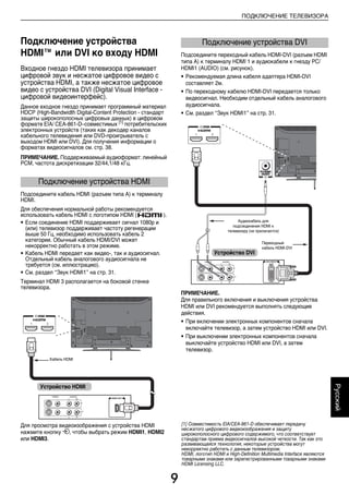 9
ПОДКЛЮЧЕНИЕ ТЕЛЕВИЗОРА
Русский
Подключение устройства
HDMI™ или DVI ко входу HDMI
Входное гнездо HDMI телевизора принимает
цифровой звук и несжатое цифровое видео с
устройства HDMI, а также несжатое цифровое
видео с устройства DVI (Digital Visual Interface -
цифровой видеоинтерфейс).
Данное входное гнездо принимает программный материал
HDCP (High-Bandwidth Digital-Content Protection - стандарт
защиты широкополосных цифровых данных) в цифровом
формате EIA/ CEA-861-D–совместимых [1]
потребительских
электронных устройств (таких как декодер каналов
кабельного телевидения или DVD-проигрыватель с
выходом HDMI или DVI). Для получения информации о
форматах видеосигналов см. стр. 38.
ПРИМЕЧАНИЕ. Поддерживаемый аудиоформат: линейный
PCM, частота дискретизации 32/44,1/48 кГц.
Подсоедините кабель HDMI (разъем типа A) к терминалу
HDMI.
Для обеспечения нормальной работы рекомендуется
использовать кабель HDMI с логотипом HDMI ( ).
• Если соединение HDMI поддерживает сигнал 1080p и
(или) телевизор поддерживает частоту регенерации
выше 50 Гц, необходимо использовать кабель 2
категории. Обычный кабель HDMI/DVI может
некорректно работать в этом режиме.
• Кабель HDMI передает как видео-, так и аудиосигнал.
Отдельный кабель аналогового аудиосигнала не
требуется (см. иллюстрацию).
• См. раздел “Звук HDMI1” на стр. 31.
Терминал HDMI 3 располагается на боковой стенке
телевизора.
Для просмотра видеоизображения с устройства HDMI
нажмите кнопку o, чтобы выбрать режим HDMI1, HDMI2
или HDMI3.
Подсоедините переходный кабель HDMI-DVI (разъем HDMI
типа A) к терминалу HDMI 1 и аудиокабели к гнезду PC/
HDMI1 (AUDIO) (см. рисунок).
• Рекомендуемая длина кабеля адаптера HDMI-DVI
составляет 2м.
• По переходному кабелю HDMI-DVI передается только
видеосигнал. Необходим отдельный кабель аналогового
аудиосигнала.
• См. раздел “Звук HDMI1” на стр. 31.
ПРИМЕЧАНИЕ.
Для правильного включения и выключения устройства
HDMI или DVI рекомендуется выполнять следующие
действия.
• При включении электронных компонентов сначала
включайте телевизор, а затем устройство HDMI или DVI.
• При выключении электронных компонентов сначала
выключайте устройство HDMI или DVI, а затем
телевизор.
Подключение устройства HDMI
HDMI OUT
VIDEO AUDIO
L R
RL
OUT
IN
Кабель HDMI
Устройство HDMI
Подключение устройства DVI
DVI/HDCP
OUT
VIDEO AUDIO
L R
RL
OUT
IN
Переходный
кабель HDMI-DVI
Аудиокабель для
подсоединения HDMI к
телевизору (не прилагается)
Устройство DVI
[1] Совместимость EIA/CEA-861-D обеспечивает передачу
несжатого цифрового видеоизображения и защиту
широкополосного цифрового содержимого, что соответствует
стандартам приема видеосигналов высокой четкости. Так как это
развивающаяся технология, некоторые устройства могут
некорректно работать с данным телевизором.
HDMI, логотип HDMI и High-Definition Multimedia Interface являются
товарными знаками или зарегистрированными товарными знаками
HDMI Licensing LLC.
00RU02CONNECT.fm Page 9 Thursday, August 13, 2009 4:56 PM
 