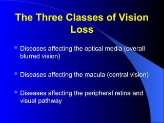  Diseases affecting the optical media (overall
blurred vision)
 Diseases affecting the macula (central vision)
 Diseases affecting the peripheral retina and
visual pathway
The Three Classes of Vision
Loss
 