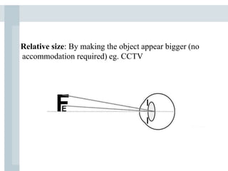 Relative size: By making the object appear bigger (no
accommodation required) eg. CCTV
 