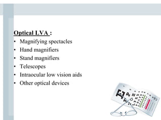 Optical LVA :
• Magnifying spectacles
• Hand magnifiers
• Stand magnifiers
• Telescopes
• Intraocular low vision aids
• Other optical devices
 