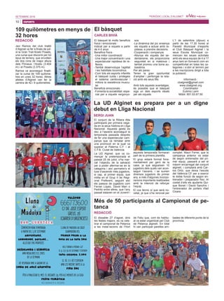 10
SETEMBRE 2016 PERIÒDIC LOCAL D’ALGINET
Javi Ramos del club triatló
d’Alginet va fer a finals de juli-
ol la Gran Trail Aneto Posets,
una cursa que discorre per tot
tipus de terreny, que envolten
els dos cims de major altura
dels Pirineus: l’Aneto (3.404
m) i el Posets (3.375 m).
Ramos va aconseguir finalit-
zar la cursa de 109 quilòme-
tres en unes 32 hores. Altres
atletes d’Alginet van fer la
carrera de 42 i 9 quilòmetres.
109 quilòmetres en menys de
32 hores
REDACCIÓ El bàsquet té molts beneficis
físics i emocionals :
Indicat per a xiquets a partir
de 4-5 anys
Beneficis físics :
-Una millor coordinació
-Una major concentració i una
espectacular rapidesa de re-
flexos.
-També desenvolupa l’agilitat
i les habilitats locomotrius.
-Com tots els esports infantils
el bàsquet cuida i protegeix
el sistema cardiovascular i
millora la resistència muscu-
lar.
Beneficis emocionals :
-Fomenta la sociabilitat, espe-
cial per a xiquets vergonyo-
sos.
-La dinàmica del joc ensenya
els xiquets a actuar amb ra-
pidesa, a prendre decisions.
-Cooperació i companyia.
-Allunya els xiquets del se-
dentarisme, els proporciona
seguretat en si mateixos i
també promou una bona au-
toestima.
Per als pares:
Tenen la gran oportunitat
d’ampliar i perllongar la rela-
ció amb els seus fills.
Amb tots aquests avantatges,
és possible que el bàsquet
siga un dels esports ideals
per als xiquets.
L’1 de setembre (dijous) a
partir de les 17.30 hores al
Pavelló Municipal d’esports
el Club Bàsquet Alginet i la
seua Escola Municipal co-
mencen les seues activitats
amb els seus equips de 4 a 17
anys tant en formació com en
competitivitat en totes les ca-
tegories i s’obri el termini per
a les inscripcions dirigit a tota
la població.
Informació :
cbalginet@gmail.com
www.cbalginet.org
Coordinador
Eutimio Lerin
Mòbil: 651.03.67.50
El bàsquet
La UD Alginet es prepara per a un digne
debut en Lliga Nacional
SERGI JUAN
TELÈFON
666773600
C/ DR. JOSÉ ESPERT
GREUS, 26
(CARRER D’URGÈNCIES)
Comencem nova temporada
a partir del 5 de setembre
aniversaris,
comunions, batejos...
allò que ens proposes
Lluna de maduixa ha sigut
guanyadora del
primer premi a la
ruta de la tapa 2016
vols tornar a provar-la?
el 9, 23 i 30 de setembre t’esperem
tapa+beguda: 2,50€
desdejuna i esmorza
amb nosaltres els 7dies
de la setmana
de vesprada vine a gaudir de la
zona de jocs gratuïta
el 16, 17 i 18 t’esperem
amb les nostre tapes a la
FIRA SOC
Per a finalitzar el mes, el dissabte 24, per als menuts de la casa
festa temàtica
més informació al facebook
El conjunt de la Ribera Alta
participarà per primera vega-
da en la seua història en Lliga
Nacional. Aquesta gesta es
deu a l’ascens aconseguit la
temporada passada després
de fer una espectacular cam-
panya que va rematar amb
una promoció en la qual va
superar al Paterna C.F. i al
C.F.B. Ciutat de València.
La UD Alginet, que va co-
mençar la pretemporada el
passat 25 de juliol, s’ha mar-
cat l’objectiu de la salvació
per a poder afermar-se en la
categoria i així permetre’s el
luxe d’ascendir més jugadors,
si cap, al primer equip, que
milita en el Grup II de Regi-
onal Preferent, seguint així
els passos de jugadors com
Ferran López, David Marí o
Pedrito entre altres, que l’any
passat estaven en el Juvenil i
aquesta temporada formaran
part de la primera plantilla.
El grup estarà format fona-
mentalment per gent de la
casa, ja que segueixen 10
jugadors dels quals van acon-
seguir l’ascens, i se sumen
diversos jugadors de primer
any, a més d’algunes incorpo-
racions importants realitzades
amb la intenció de reforçar
l’equip.
El cos tècnic sí que serà no-
vetat, ja que s’ha renovat per
complet. Mauri Ferrer, que la
campanya anterior va estar
de segon entrenador del pri-
mer equip, passarà a ser el
màxim encarregat del conjunt
alginetí, i comptarà amb Car-
los Ortiz, que deixa l’escola
del València CF per a exercir
la doble funció de segon en-
trenador i preparador físic. Al
costat d’ells els ajudants Qui-
que Bonet i David Sanchís i
l’entrenador de porters Vlad
Cioara.
CARLES BIVIÀ
Més de 50 participants al Campionat de pe-
tanca
REDACCIÓ
El dissabte 27 d’agost, dins
les festes majors, es va cele-
brar el campionat de Petanca
a les instal·lacions de l’Hort
de Feliu que, com és habitu-
al va estar organitzat pel Club
de Petanca alginetí. En total
hi van participar parelles arri-
bades de diferents punts de la
província.
ESPORTS
 