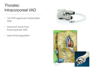 Thoratec
Intracorporeal VAD
• 1st FDA approved implantable
VAD

• improved result from
Paracorporeal VAD

• need Anticoagulation
 