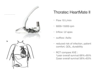 Thoratec HeartMate II
• Flow 10 L/min

• 6000-15000 rpm

• Inﬂow: LV apex

• outﬂow: AsAo

• reduced risk of infection, patient
comfort, QOL, durablility

• RCT compare XVE : 
1year overall survival 68%>85% 
2year overall survival 58%>63%
 