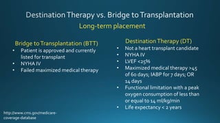 Long-term placement
DestinationTherapy (DT)
• Not a heart transplant candidate
• NYHA IV
• LVEF <25%
• Maximized medical therapy >45
of 60 days; IABP for 7 days; OR
14 days
• Functional limitation with a peak
oxygen consumption of less than
or equal to 14 ml/kg/min
• Life expectancy < 2 years
Bridge toTransplantation (BTT)
• Patient is approved and currently
listed for transplant
• NYHA IV
• Failed maximized medical therapy
http://www.cms.gov/medicare-
coverage-database
 