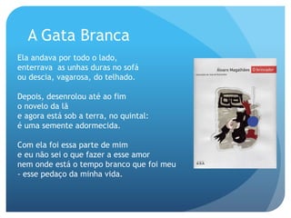 A Gata Branca
Ela andava por todo o lado,
enterrava as unhas duras no sofá
ou descia, vagarosa, do telhado.
Depois, desenrolou até ao fim
o novelo da lã
e agora está sob a terra, no quintal:
é uma semente adormecida.
Com ela foi essa parte de mim
e eu não sei o que fazer a esse amor
nem onde está o tempo branco que foi meu
- esse pedaço da minha vida.

 