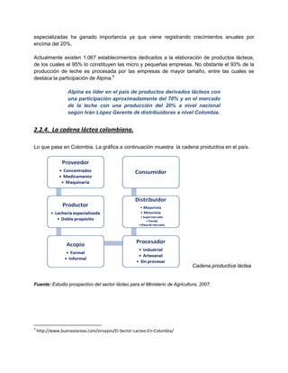 especializadas ha ganado importancia ya que viene registrando crecimientos anuales por
encima del 20%.
Actualmente existen 1.067 establecimientos dedicados a la elaboración de productos lácteos,
de los cuales el 95% lo constituyen las micro y pequeñas empresas. No obstante el 93% de la
producción de leche es procesada por las empresas de mayor tamaño, entre las cuales se
destaca la participación de Alpina.5
Alpina es líder en el país de productos derivados lácteos con
una participación aproximadamente del 70% y en el mercado
de la leche con una producción del 20% a nivel nacional
según Iván López Gerente de distribuidoras a nivel Colombia.
2.2.4. La cadena láctea colombiana.
Lo que pasa en Colombia. La gráfica a continuación muestra la cadena productiva en el país.
Cadena productiva láctea
Fuente: Estudio prospectivo del sector lácteo para el Ministerio de Agricultura, 2007.
5
http://www.buenastareas.com/ensayos/El-Sector-Lacteo-En-Colombia/
 