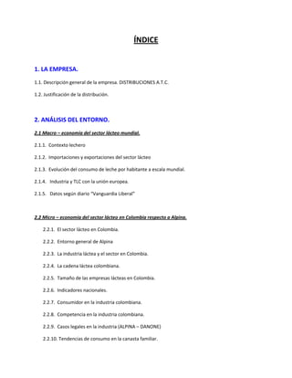 ÍNDICE
1. LA EMPRESA.
1.1. Descripción general de la empresa. DISTRIBUCIONES A.T.C.
1.2. Justificación de la distribución.
2. ANÁLISIS DEL ENTORNO.
2.1 Macro – economía del sector lácteo mundial.
2.1.1. Contexto lechero
2.1.2. Importaciones y exportaciones del sector lácteo
2.1.3. Evolución del consumo de leche por habitante a escala mundial.
2.1.4. Industria y TLC con la unión europea.
2.1.5. Datos según diario “Vanguardia Liberal”
2.2 Micro – economía del sector lácteo en Colombia respecto a Alpina.
2.2.1. El sector lácteo en Colombia.
2.2.2. Entorno general de Alpina
2.2.3. La industria láctea y el sector en Colombia.
2.2.4. La cadena láctea colombiana.
2.2.5. Tamaño de las empresas lácteas en Colombia.
2.2.6. Indicadores nacionales.
2.2.7. Consumidor en la industria colombiana.
2.2.8. Competencia en la industria colombiana.
2.2.9. Casos legales en la industria (ALPINA – DANONE)
2.2.10. Tendencias de consumo en la canasta familiar.
 