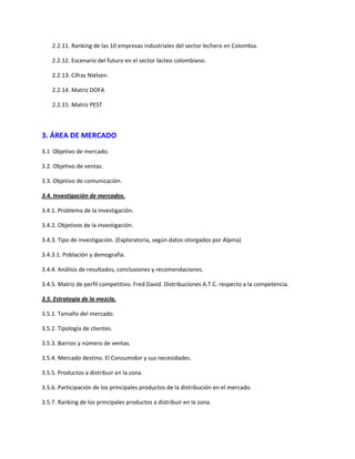 2.2.11. Ranking de las 10 empresas industriales del sector lechero en Colombia.
2.2.12. Escenario del futuro en el sector lácteo colombiano.
2.2.13. Cifras Nielsen.
2.2.14. Matriz DOFA
2.2.15. Matriz PEST
3. ÁREA DE MERCADO
3.1 Objetivo de mercado.
3.2. Objetivo de ventas.
3.3. Objetivo de comunicación.
3.4. Investigación de mercados.
3.4.1. Problema de la investigación.
3.4.2. Objetivos de la investigación.
3.4.3. Tipo de investigación. (Exploratoria, según datos otorgados por Alpina)
3.4.3.1. Población y demografía.
3.4.4. Análisis de resultados, conclusiones y recomendaciones.
3.4.5. Matriz de perfil competitivo. Fred David. Distribuciones A.T.C. respecto a la competencia.
3.5. Estrategia de la mezcla.
3.5.1. Tamaño del mercado.
3.5.2. Tipología de clientes.
3.5.3. Barrios y número de ventas.
3.5.4. Mercado destino. El Consumidor y sus necesidades.
3.5.5. Productos a distribuir en la zona.
3.5.6. Participación de los principales productos de la distribución en el mercado.
3.5.7. Ranking de los principales productos a distribuir en la zona.
 