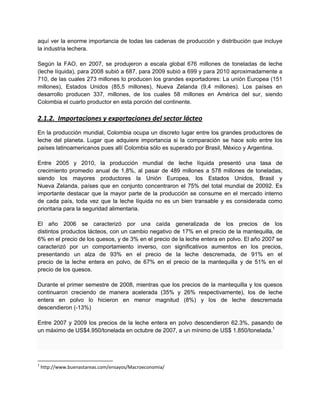 aquí ver la enorme importancia de todas las cadenas de producción y distribución que incluye
la industria lechera.
Según la FAO, en 2007, se produjeron a escala global 676 millones de toneladas de leche
(leche líquida), para 2008 subió a 687, para 2009 subió a 699 y para 2010 aproximadamente a
710, de las cuales 273 millones lo producen los grandes exportadores: La unión Europea (151
millones), Estados Unidos (85,5 millones), Nueva Zelanda (9,4 millones). Los países en
desarrollo producen 337, millones, de los cuales 58 millones en América del sur, siendo
Colombia el cuarto productor en esta porción del continente.
2.1.2. Importaciones y exportaciones del sector lácteo
En la producción mundial, Colombia ocupa un discreto lugar entre los grandes productores de
leche del planeta. Lugar que adquiere importancia si la comparación se hace solo entre los
países latinoamericanos pues allí Colombia sólo es superado por Brasil, México y Argentina.
Entre 2005 y 2010, la producción mundial de leche líquida presentó una tasa de
crecimiento promedio anual de 1,8%, al pasar de 489 millones a 578 millones de toneladas,
siendo los mayores productores la Unión Europea, los Estados Unidos, Brasil y
Nueva Zelanda, países que en conjunto concentraron el 75% del total mundial de 20092. Es
importante destacar que la mayor parte de la producción se consume en el mercado interno
de cada país, toda vez que la leche líquida no es un bien transable y es considerada como
prioritaria para la seguridad alimentaria.
El año 2006 se caracterizó por una caída generalizada de los precios de los
distintos productos lácteos, con un cambio negativo de 17% en el precio de la mantequilla, de
6% en el precio de los quesos, y de 3% en el precio de la leche entera en polvo. El año 2007 se
caracterizó por un comportamiento inverso, con significativos aumentos en los precios,
presentando un alza de 93% en el precio de la leche descremada, de 91% en el
precio de la leche entera en polvo, de 67% en el precio de la mantequilla y de 51% en el
precio de los quesos.
Durante el primer semestre de 2008, mientras que los precios de la mantequilla y los quesos
continuaron creciendo de manera acelerada (35% y 26% respectivamente), los de leche
entera en polvo lo hicieron en menor magnitud (8%) y los de leche descremada
descendieron (-13%)
Entre 2007 y 2009 los precios de la leche entera en polvo descendieron 62.3%, pasando de
un máximo de US$4.950/tonelada en octubre de 2007, a un mínimo de US$ 1.850/tonelada.1
1
http://www.buenastareas.com/ensayos/Macroeconomia/
 