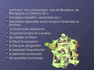 nombreux vins (champagne, vins de Bordeaux, denombreux vins (champagne, vins de Bordeaux, de
Bourgogne ou d'Alsace etc.)Bourgogne ou d'Alsace etc.)
fromages (roquefort, camembert etc.)fromages (roquefort, camembert etc.)
spécialités régionales ayant conquis l’ensemble duspécialités régionales ayant conquis l’ensemble du
territoireterritoire
la choucroute alsaciennela choucroute alsacienne
la quiche lorraine en Lorrainela quiche lorraine en Lorraine
les rillettes du Mansles rillettes du Mans
le bœuf bourguignonle bœuf bourguignon
le foie gras périgourdinle foie gras périgourdin
le cassoulet languedocienle cassoulet languedocien
la tapenade provençalela tapenade provençale
les quenelles lyonnaisesles quenelles lyonnaises
 