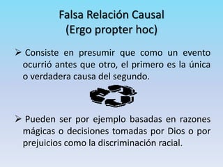 Falsa Relación Causal
(Ergo propter hoc)
 Consiste en presumir que como un evento
ocurrió antes que otro, el primero es la única
o verdadera causa del segundo.
 Pueden ser por ejemplo basadas en razones
mágicas o decisiones tomadas por Dios o por
prejuicios como la discriminación racial.
 