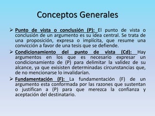 Conceptos Generales
 Punto de vista o conclusión (P): El punto de vista o
conclusión de un argumento es su idea central. Se trata de
una proposición, expresa o implícita, que resume una
convicción a favor de una tesis que se defiende.
 Condicionamiento del punto de vista (Cd): Hay
argumentos en los que es necesario expresar un
condicionamiento de (P) para delimitar la validez de su
alcance, ya que exisisten determinadas circunstancias que,
de no mencionarse lo invalidarían.
 Fundamentación (F): La fundamentación (F) de un
argumento esta conformada por las razones que sustentan
o justifican a (P) para que merezca la confianza y
aceptación del destinatario.
 