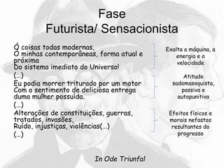 Fase
Futurista/ Sensacionista
Ó coisas todas modernas,
Ó minhas contemporâneas, forma atual e
próxima
Do sistema imediato do Universo!
(…)
Eu podia morrer triturado por um motor
Com o sentimento de deliciosa entrega
duma mulher possuída.
(…)
Alterações de constituições, guerras,
tratados, invasões,
Ruído, injustiças, violências(…)
(…)
In Ode Triunfal
Exalta a máquina, a
energia e a
velocidade
Atitude
sadomasoquista,
passiva e
autopunitiva
Efeitos físicos e
morais nefastos
resultantes do
progresso
 