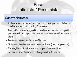 Fase
Intimista / Pessimista
Caraterísticas:
• Retrocesso ao abatimento, ao cansaço, ao tédio, ao
desânimo, à frustração, à náusea;
• Imersão numa angústia profunda, vazia e apática
porque não é capaz de encontrar um sentido para a
vida;
• Postura introspetiva e reflexiva;
• Sofrimento derivado da sua lucidez (dor de pensar);
• Evocação da infância como o paraíso perdido;
• Perda da identidade e a fragmentação do eu.
 