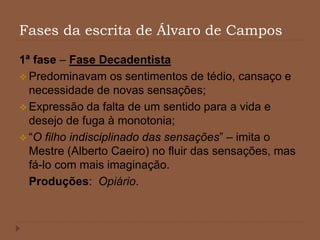 Fases da escrita de Álvaro de Campos
1ª fase – Fase Decadentista
 Predominavam os sentimentos de tédio, cansaço e
necessidade de novas sensações;
 Expressão da falta de um sentido para a vida e
desejo de fuga à monotonia;
 “O filho indisciplinado das sensações” – imita o
Mestre (Alberto Caeiro) no fluir das sensações, mas
fá-lo com mais imaginação.
Produções: Opiário.
 
