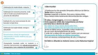 Álvaro de Campos
«Ode triunfal»
«À dolorosa luz das grandes lâmpadas elétricas da fábrica
Tenho febre e escrevo.
Escrevo rangendo os dentes, fera para a beleza disto,
Para a beleza disto totalmente desconhecida dos antigos.
Ó rodas, ó engrenagens, r-r-r-r-r-r-r eterno!
Forte espasmo retido dos maquinismos em fúria!
Em fúria fora e dentro de mim,
Por todos os meus nervos dissecados fora,
Por todas as papilas fora de tudo com que eu sinto!
Tenho os lábios secos, ó grandes ruídos modernos,
De vos ouvir demasiadamente de perto,
E arde-me a cabeça de vos querer cantar com um excesso
De expressão de todas as minhas sensações,
Com um excesso contemporâneo de vós, ó máquinas!
Em febre e olhando os motores como a uma Natureza tropical
–
[…].»
Celebração da modernidade: máquina
Celebração do momento presente, onde
tudo se funde (uso predominante do
presente do indicativo)
Exaltação de uma nova conceção de arte
baseada no belo feroz
Celebração da modernidade: energia e
velocidade
Sensacionismo: desejo de experienciar
intensamente o mundo moderno nas suas
múltiplas facetas
Comparação inusitada entre os motores e a
natureza, que promove uma atitude provocatória e
transgressora, com o objetivo de escandalizar
 