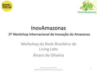 InovAmazonas
2º Workshop Internacional de Inovação do Amazonas

       Workshop da Rede Brasileira de
                Living Labs
             Álvaro de Oliveira

                      Manaus, 9 de Maio 2011
                                                            1
               Workshop da Rede Brasileira de Living Labs
 