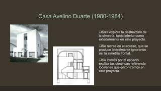 Casa Avelino Duarte (1980-1984)
Siza explora la destrucción de
la simetría, tanto interior como
exteriormente en este proyecto.
Se recrea en el acceso, que se
produce lateralmente ignorando
así la simetría frontal.
Su interés por el espacio
explica las continuas referencia
loosianas que encontramos en
este proyecto

 