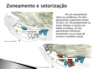 Há um zoneamento claro na residência. Os dois pavimentos superiores (cotas 25.60 e 22.10) predominam as áreas intimas e sociais em todos os blocos. Já nos pavimentos inferiores, encontram-se as áreas de serviço e também social.  