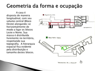 A casa é disposta de maneira longitudinal, com seu volume central (Bloco Oeste) alongando-se horizontalmente de modo a ligar os blocos Leste e Norte. Sua massa é distribuída livremente no território, respeitando sua topografia. A hierarquia espacial fica evidente pela distribuição e tamanho destes blocos. 
 