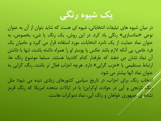 ‫رنگي‬ ‫شيوه‬ ‫یک‬
‫در‬‫میان‬‫شیوه‬‫های‬‫تبلیغات‬،‫انتخاباتی‬‫شیوه‬‫ای‬‫هست‬‫که‬‫شاید‬‫بتوان‬‫از‬‫آن‬‫به‬‫عنوان‬
‫نوعی‬«‫نمادسازی‬»‫رنگی‬‫یاد‬‫کرد‬.‫در‬‫این‬،‫روش‬‫یک‬‫رنگ‬‫یا‬‫شیء‬،‫بخصوص‬‫ب‬‫ه‬
‫عنوان‬‫نماد‬‫حمایت‬‫از‬‫یک‬‫نامزد‬،‫انتخابات‬‫مورد‬‫استفاده‬‫قرار‬‫می‬‫گیرد‬‫و‬‫حامیان‬‫یک‬
‫فرد‬،‫خاص‬‫بی‬‫آنکه‬‫الزم‬‫باشد‬‫عکس‬‫یا‬‫پوستر‬‫او‬‫را‬‫همراه‬‫داشته‬،‫باشند‬‫تن‬‫ها‬‫با‬‫داشتن‬
‫آن‬‫نماد‬‫نشان‬‫می‬‫دهند‬‫که‬‫طرفدار‬‫کدام‬‫کاندیدا‬‫هستند‬.‫مسلما‬‫موضوع‬‫رنگ‬‫ه‬،‫ا‬
‫ارتباط‬‫مستقیمی‬‫با‬«‫حزب‬‫گرایی‬»‫دارد‬.‫هرچه‬‫احزاب‬‫فعال‬‫تر‬،‫باشند‬‫رنگ‬‫گ‬‫رایی‬‫به‬
‫عنوان‬‫نماد‬‫آنها‬‫بیشتر‬‫می‬‫شود‬.
‫انتخاب‬‫رنگ‬‫برای‬،‫احزاب‬‫در‬‫تاریخ‬‫سیاسی‬‫کشورهای‬‫زیادی‬‫دیده‬‫می‬‫شود؛‬‫مث‬‫ل‬
‫رنگ‬‫نارنجی‬‫و‬‫آبی‬‫در‬‫حوادث‬‫اوکراین؛‬‫یا‬‫در‬‫ایاالت‬‫متحده‬‫امریکا‬‫که‬‫رنگ‬‫قرم‬‫ز‬
‫نشانه‬‫ی‬‫جمهوری‬‫خواهان‬‫و‬‫رنگ‬،‫آبی‬‫نماد‬‫دموکرات‬‫هاست‬.
 