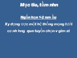 M?c tiu, t?m nhn
Ng?n h?n (1-2 n?m ??u)
X?y d?ng ???c m?t h? th?ng m?ng l??i
cc nh hng ?? qua tuy?n ch?n v gim st
 
