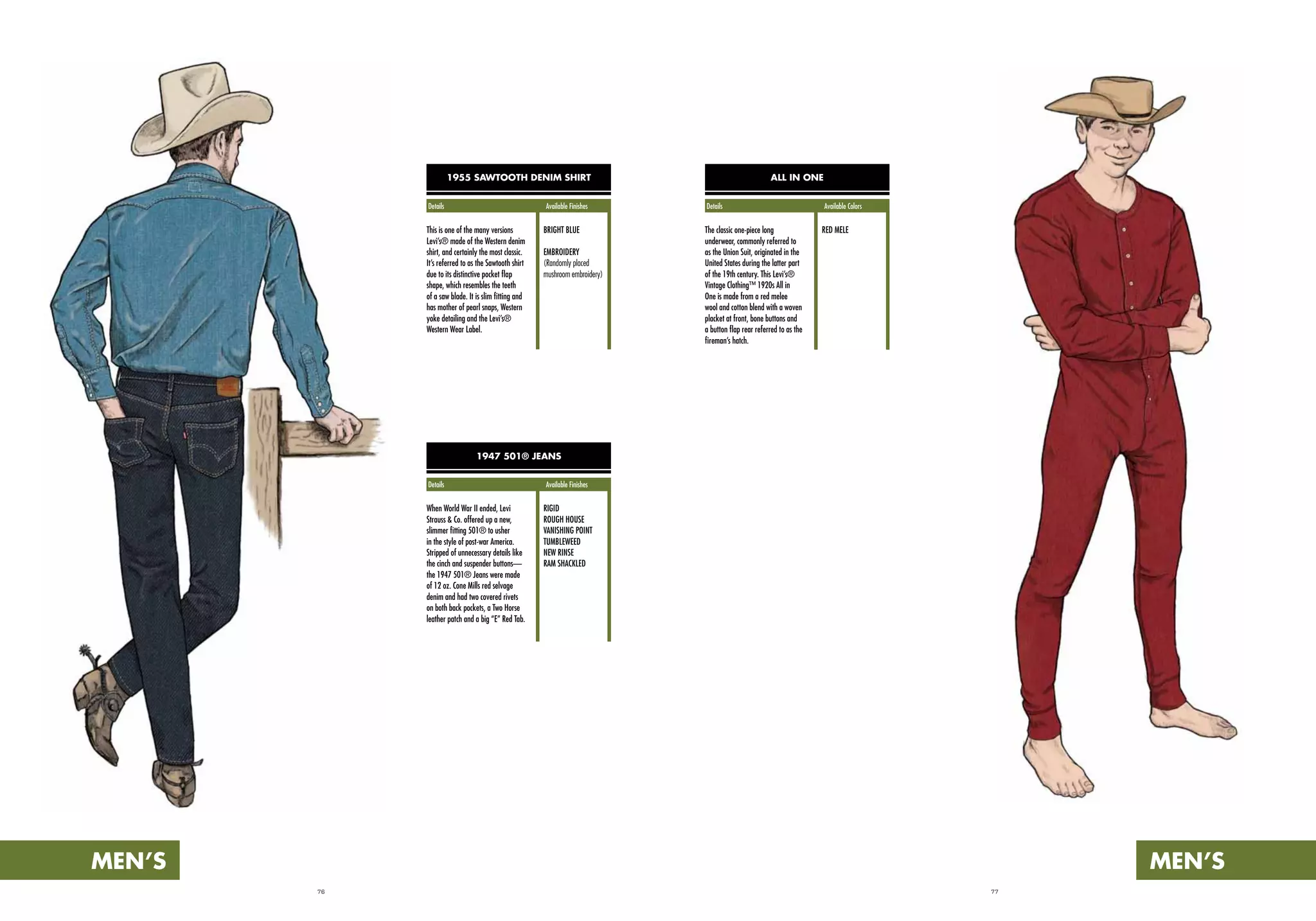 76 77
1947 501® JEANS
1955 SAWTOOTH DENIM SHIRT
When World War II ended, Levi
Strauss & Co. offered up a new,
slimmer fitting 501® to usher
in the style of post-war America.
Stripped of unnecessary details like
the cinch and suspender buttons—
the 1947 501® Jeans were made
of 12 oz. Cone Mills red selvage
denim and had two covered rivets
on both back pockets, a Two Horse
leather patch and a big “E” Red Tab.
This is one of the many versions
Levi’s® made of the Western denim
shirt, and certainly the most classic.
It’s referred to as the Sawtooth shirt
due to its distinctive pocket flap
shape, which resembles the teeth
of a saw blade. It is slim fitting and
has mother of pearl snaps, Western
yoke detailing and the Levi’s®
Western Wear Label.
RIGID
ROUGH HOUSE
VANISHING POINT
TUMBLEWEED
NEW RINSE
RAM SHACKLED
BRIGHT BLUE
EMBROIDERY
(Randomly placed
mushroom embroidery)
ALL IN ONE
The classic one-piece long
underwear, commonly referred to
as the Union Suit, originated in the
United States during the latter part
of the 19th century. This Levi’s®
Vintage Clothing™ 1920s All in
One is made from a red melee
wool and cotton blend with a woven
placket at front, bone buttons and
a button flap rear referred to as the
fireman’s hatch.
RED MELE
Details			 Available Finishes
Details			 Available ColorsDetails			 Available Finishes
MEN’SMEN’S
 