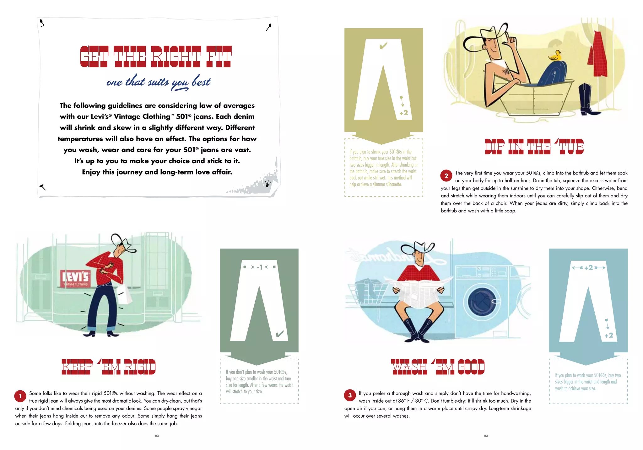 82 83
Keep ‘em Rigid WASH ‘em GOOd
DIP IN THE ‘TUB
Some folks like to wear their rigid 501®s without washing. The wear effect on a
true rigid jean will always give the most dramatic look. You can dry-clean, but that’s
only if you don’t mind chemicals being used on your denims. Some people spray vinegar
when their jeans hang inside out to remove any odour. Some simply hang their jeans
outside for a few days. Folding jeans into the freezer also does the same job.
If you prefer a thorough wash and simply don’t have the time for handwashing,
wash inside out at 86° F / 30° C. Don’t tumble-dry: it’ll shrink too much. Dry in the
open air if you can, or hang them in a warm place until crispy dry. Long-term shrinkage
will occur over several washes.
The very first time you wear your 501®s, climb into the bathtub and let them soak
on your body for up to half an hour. Drain the tub, squeeze the excess water from
your legs then get outside in the sunshine to dry them into your shape. Otherwise, bend
and stretch while wearing them indoors until you can carefully slip out of them and dry
them over the back of a chair. When your jeans are dirty, simply climb back into the
bathtub and wash with a little soap.
If you don’t plan to wash your 501®s,
buy one size smaller in the waist and true
size for length. After a few wears the waist
will stretch to your size.
If you plan to wash your 501®s, buy two
sizes bigger in the waist and length and
wash to achieve your size.
-1 +2
The following guidelines are considering law of averages
with our Levi’s®
Vintage Clothing™
501®
jeans. Each denim
will shrink and skew in a slightly different way. Different
temperatures will also have an effect. The options for how
you wash, wear and care for your 501®
jeans are vast.
It’s up to you to make your choice and stick to it.
Enjoy this journey and long-term love affair.
GET THE RIGHT FIT
If you plan to shrink your 501®s in the
bathtub, buy your true size in the waist but
two sizes bigger in length. After shrinking in
the bathtub, make sure to stretch the waist
back out while still wet: this method will
help achieve a slimmer silhouette.
+2
+2
one that suits you best
 
 
 
 