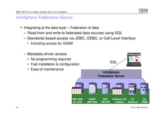 IBM z/VSE V4.3 in modern solutions with Linux on System z


InfoSphere Federation Server

        Integrating at the data layer – Federation of data
        – Read from and write to federated data sources using SQL
        – Standards-based access via JDBC, ODBC, or Call Level Interface
            • Including access for VSAM


        – Metadata-driven access
            • No programming required
                                                                                         SQL
            • Fast installation & configuration
            • Ease of maintenance
                                                                                     InfoSphere
                                                                                  Federation Server




                                                            DB2 UDB     VSAM        DB2     Software AG   CA            CA
                                                            for z/OS   IMS Data    VM/VSE     Adabas    Datacom        IDMS

25                                                                                                       © 2011 IBM Corporation
 