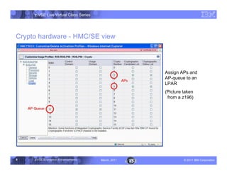 z/VSE Live Virtual Class Series




Crypto hardware - HMC/SE view




                                                     Assign APs and
                                                     AP-queue to an
                                                     LPAR
                                                     (Picture taken
                                                      from a z196)




9    z/VSE Encryption Enhancements     March, 2011            – 2011 IBM Corporation
 