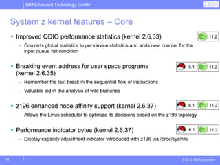 IBM Linux and Technology Center



     System z kernel features – Core
      Improved QDIO performance statistics (kernel 2.6.33)                                          11.2

       – Converts global statistics to per-device statistics and adds new counter for the
         input queue full condition


      Breaking event address for user space programs                                    6.1         11.2
      (kernel 2.6.35)
       – Remember the last break in the sequential flow of instructions
       – Valuable aid in the analysis of wild branches


      z196 enhanced node affinity support (kernel 2.6.37)                               6.1         11.2

       – Allows the Linux scheduler to optimize its decisions based on the z196 topology


      Performance indicator bytes (kernel 2.6.37)                                       6.1         11.2

       – Display capacity adjustment indicator introduced with z196 via /proc/sysinfo



12                                                                                 © 2012 IBM Corporation
 