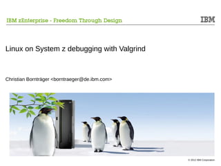 Linux on System z debugging with Valgrind



Christian Bornträger <borntraeger@de.ibm.com>




                                                © 2012 IBM Corporation
 