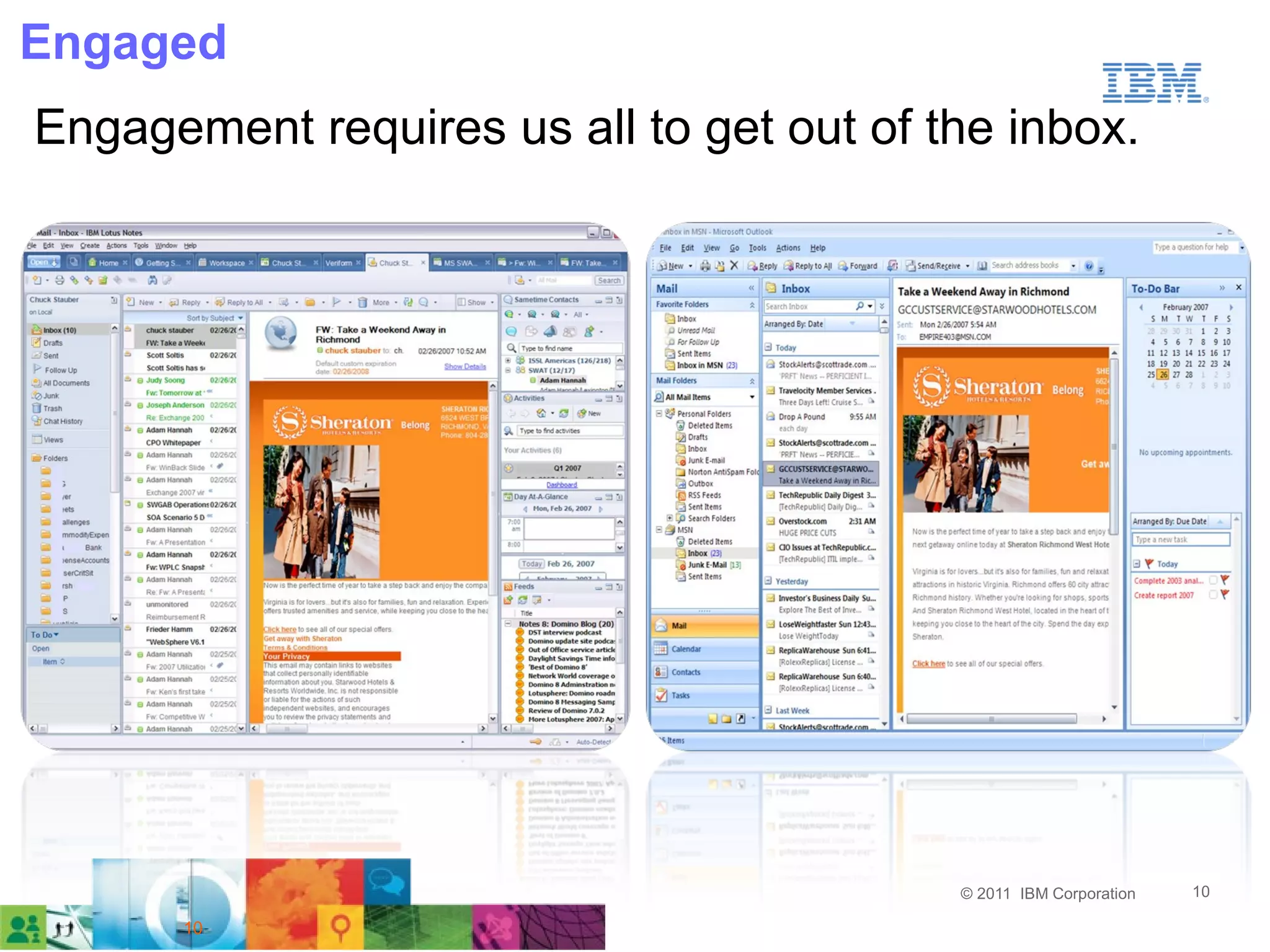 Engaged
Engagement requires us all to get out of the inbox.




                                          © 2011 IBM Corporation   10

      10
 