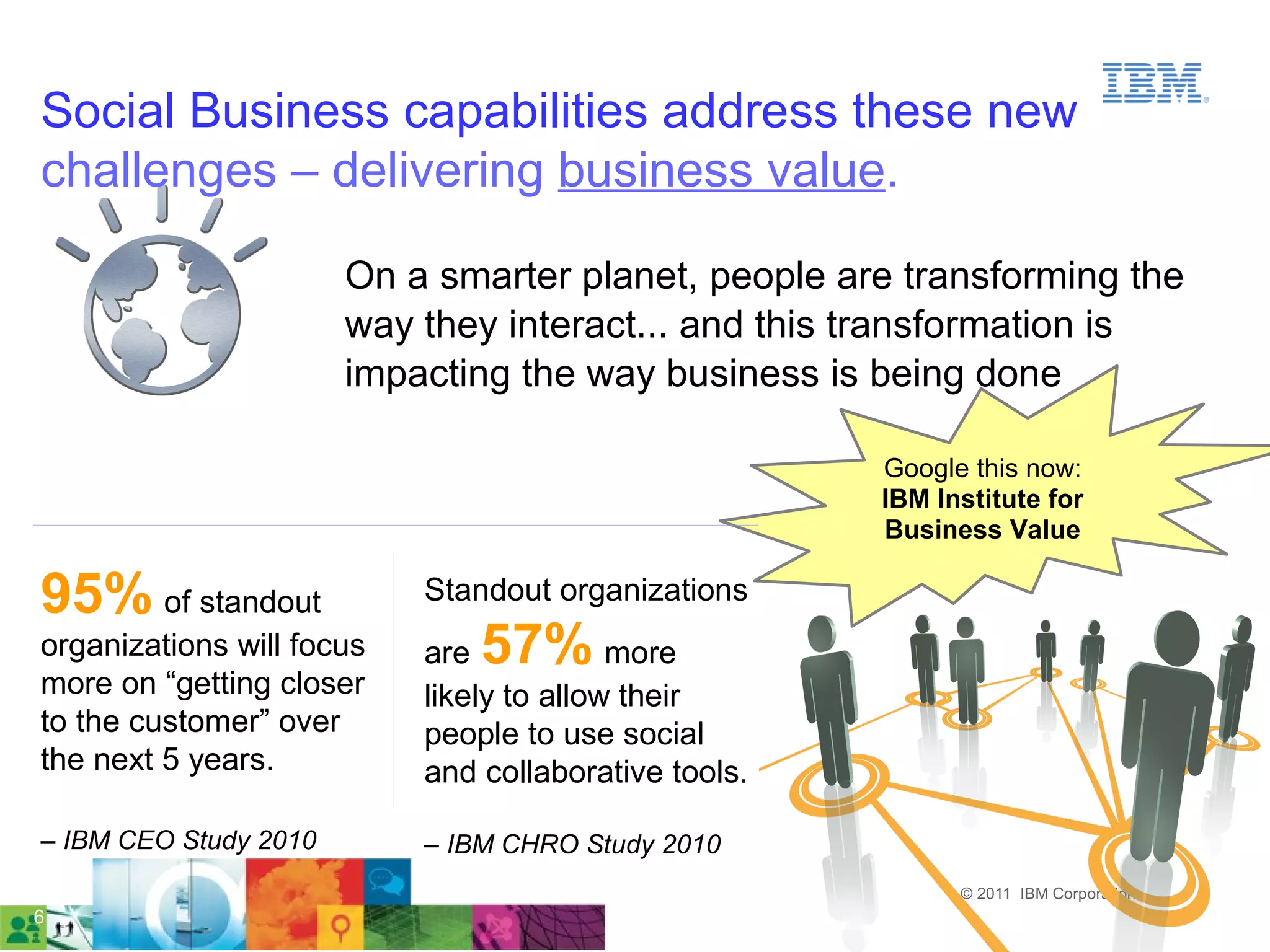 Social Business capabilities address these new
challenges – delivering business value.

                       On a smarter planet, people are transforming the
                       way they interact... and this transformation is
                       impacting the way business is being done

                                                      Google this now:
                                                      IBM Institute for
Why Social Business matters...                        Business Value

95% of standout            Standout organizations
organizations will focus   are 57%        more
more on “getting closer    likely to allow their
to the customer” over      people to use social
the next 5 years.          and collaborative tools.

– IBM CEO Study 2010       – IBM CHRO Study 2010
                                                            © 2011 IBM Corporation   6
6
 