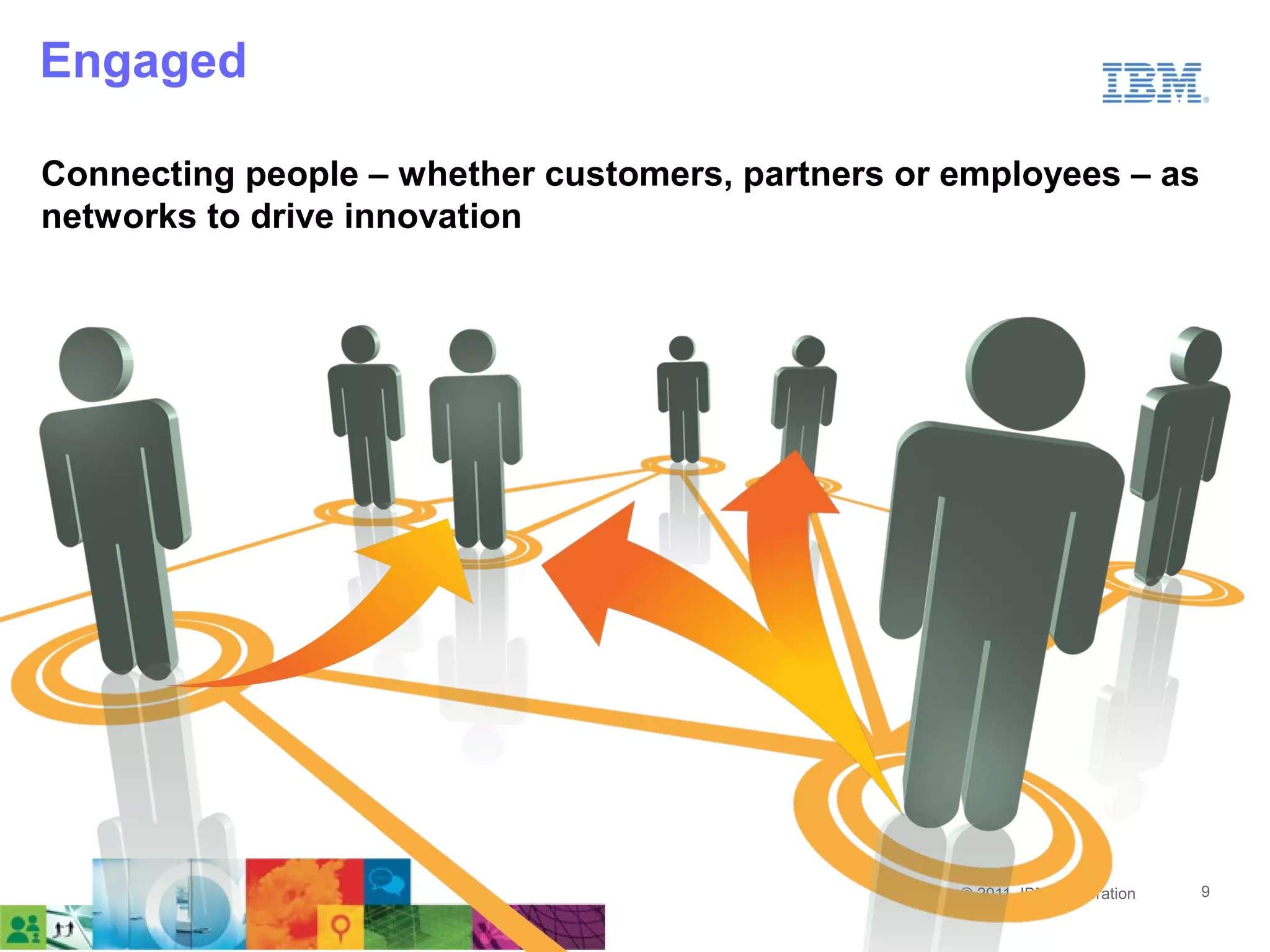 Engaged

Connecting people – whether customers, partners or employees – as
networks to drive innovation




                                                   © 2011 IBM Corporation   9
 